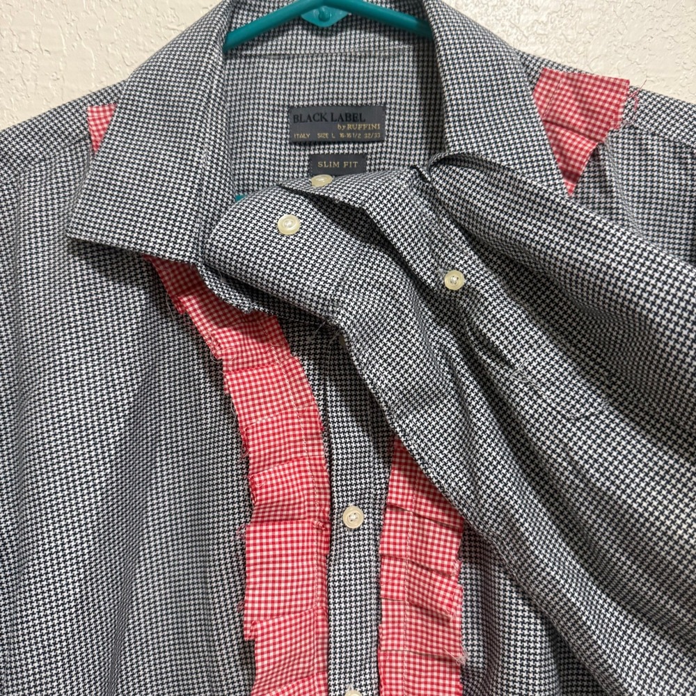 RARE BLACK LABEL‎ BY RUFFINI Italy Houndstooth Ruffle Shirt Size L Slim Fit